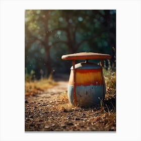 Rusty Metal Bucket In The Forest Canvas Print