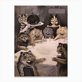 Louis Wain Vintage Cats - Christmas Pudding Dinner Party Victorian Illustration Famous Animated Cats Around the Dinner Table Having Supper - Witchy Dark Aesthetic British Humor Gallery Canvas Print