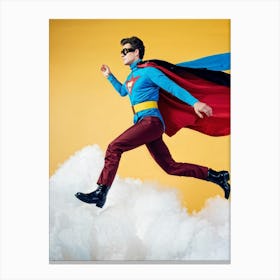 1980s Style Superhero Clad In Vintage Pilot Attire Soaring Above Cloud Banks Cotton White Cumulo (5) Canvas Print