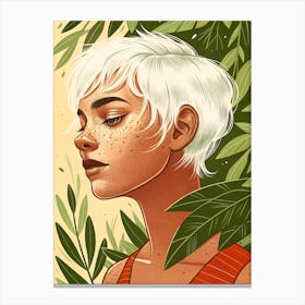 Girl with Freckles, White Short Hair and Nature Leaves Canvas Print