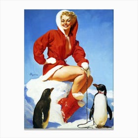 Pinup Girl Posing With Penguins Canvas Print