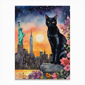 Black Cat In New York City - Visiting The Empire State Building and Statue of Liberty New York City Skyline Iconic Cityscapes Traditional Watercolor Art Print Kitty Travels Home and Room Wall Art Cool Decor Klimt and Matisse Inspired Modern Awesome Cool Unique Pagan Witchy Witches Familiar Gift For Cat Lady Animal Lovers World Travelling Genuine Works by British Watercolour Artist Lyra O'Brien  Canvas Print