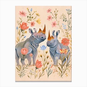 Folksy Floral Animal Drawing Rhino 3 Canvas Print