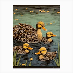 Ducklings In The Lake Japanese Woodblock Style 2 Canvas Print