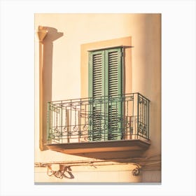 Puglia, Italy I Yellow and green italian window with roman architecture in the light of sunset with la dolce vita and a retro vintage pastel summer aesthetic geometric minimalist composition photography Canvas Print