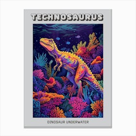 Neon Underwater Dinosaur With Coral Poster Canvas Print