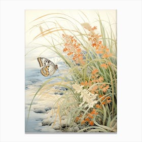 Butterflies In Wild Flowers Japanese Style Painting 1 Canvas Print
