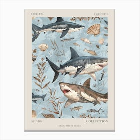 Pastel Blue Great White Shark Watercolour Seascape 4 Poster Canvas Print