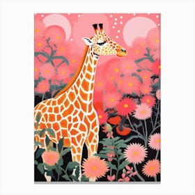 Giraffe In The Flowers Pink Tones 1 Canvas Print