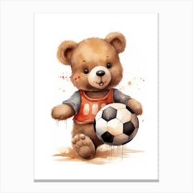 Teddy Bear Painting Watercolour Playing Football Soccer 1 Canvas Print