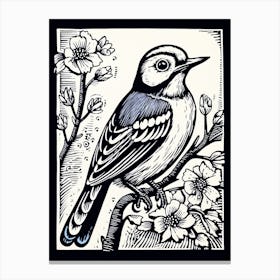 B&W Bird Linocut Blue Jay 1 Canvas Print