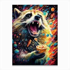 A Raccoon Eating Crisps Vibrant Paint Splash 1 Canvas Print