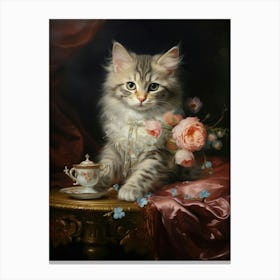 Cat With Pink Flowers Rococo Style 1 Canvas Print