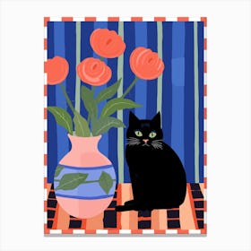 Black Cat With A Vase With Roses Illustration Canvas Print