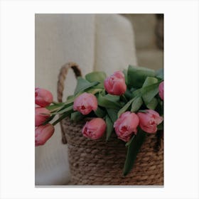 Pink Tulips In A Basket Canvas Print