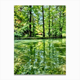 Serene River Landscape. The image depicts a tranquil river scene with lush greenery and a clear blue sky. A winding path leads through a forest of tall trees with vibrant green leaves, bordering the river. The water reflects the sky and surrounding foliage, creating a mirror-like surface. In the foreground, a weathered tree stump stands beside the path, adding a touch of rustic charm. 3 Stampe su tela