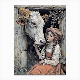 Cow Girl Barn Flowers Heart Warming Interaction Farm Life Serene Vintage Style Canvas Print