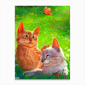 two cats laying on grass Canvas Print