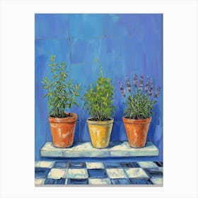 Potted Herbs On A Blue Checkered Windowsil 1 Canvas Print