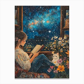 Girl Reading Book with Her Cat 8 Canvas Print