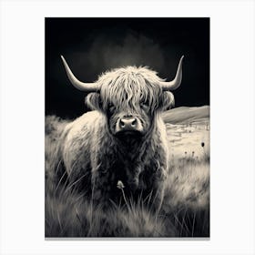 Textured Black & White Illustration Of Highland Cow Canvas Print