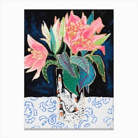 Pink Lily Bouquet In Swan Vase Dark Floral Painting Canvas Print