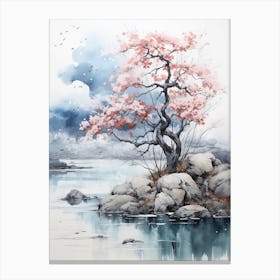 Pink Cherry Tree, Japanese Brush Painting, Ukiyo E, Minimal 3 Canvas Print