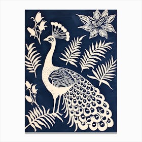 Navy Blue & Cream Peacock With Tropical Flowers 3 Canvas Print