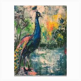 Peacock By The Pond Wild Brushstrokes 4 Canvas Print