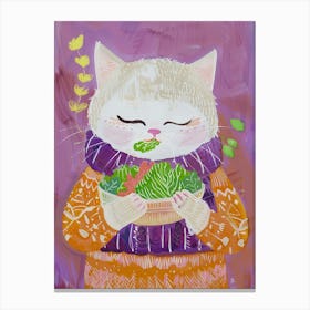 Cute White Tan Cat Eating Salad Folk Illustration 2 Canvas Print