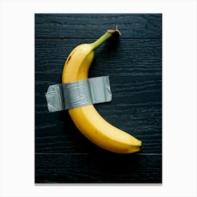 Duct Tape Banana, black background, Maurizio Cattelan Canvas Print