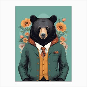 Floral Black Bear Portrait In A Suit (28) Canvas Print