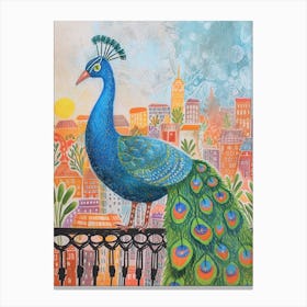 Peacock & The City Illustration 4 Canvas Print