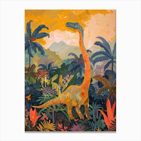 Colourful Warm Tones Dinosaur In The Jungle Painting Canvas Print