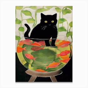 A Fluffy Black Cat And Goldfish In A Bowl Illustration Matisse Style Canvas Print
