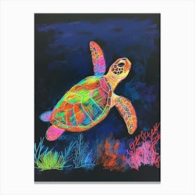 Neon Sea Turtle In The Sea At Night 4 Canvas Print