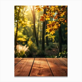 Wooden Table In Autumn Forest Canvas Print