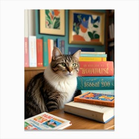 Cat Sitting In Front Of Books Canvas Print