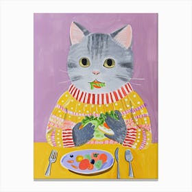 Blue Cat Eating Salad Folk Illustration 1 Canvas Print