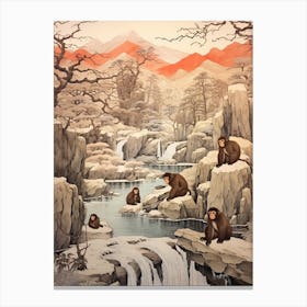 Jigokudani Monkey Park In Nagano, Ukiyo E Drawing 1 Canvas Print