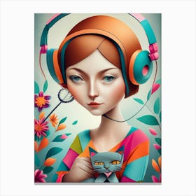 Girl With Headphones And A Cat 1 Canvas Print