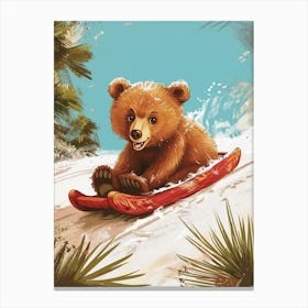 Brown Bear Cub Sledding Down A Snowy Hill Storybook Illustration 2 Canvas Print