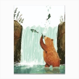 Sloth Bear Catching Fish In A Waterfall Storybook Illustration 1 Canvas Print