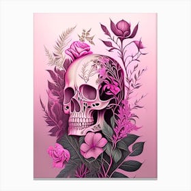 Skull With Intricate Linework 2 Pink Botanical Canvas Print