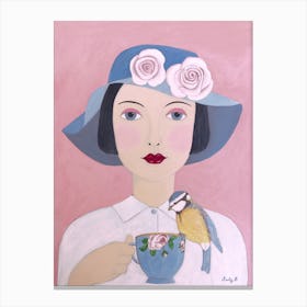 Woman With Teacup And Bird Canvas Print