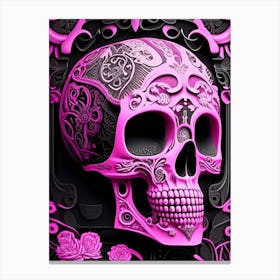 Skull With Steampunk Details 1 Pink Linocut Canvas Print