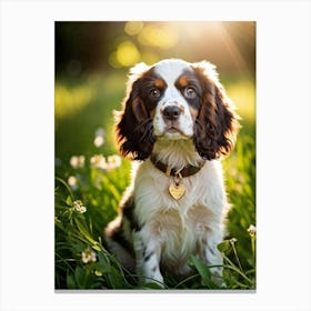 English Spaniel Puppy Radiating Adorableness Wearing A Shimmering Gold Collar Perched On A Lush G (1) Stampe su tela