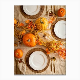 Autumn Themed Dinner Table Centerpiece Of Intertwined Golden Orange Pumpkin Vines Scattered Leaves 2 1 Canvas Print