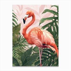 American Flamingo And Philodendrons Minimalist Illustration 2 Canvas Print