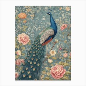 Chalk Blue Vintage Peacock Wallpaper 2 Canvas Print